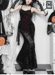 Sexy Black And Red Flocking Splicing Plant Mesh Fabric Gothic Style Suspender Sleeveless Dress