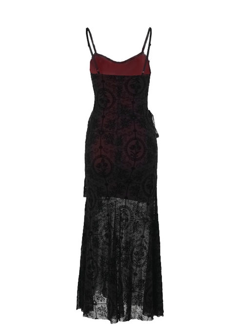 Sexy Black And Red Flocking Splicing Plant Mesh Fabric Gothic Style Suspender Sleeveless Dress