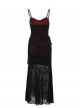 Sexy Black And Red Flocking Splicing Plant Mesh Fabric Gothic Style Suspender Sleeveless Dress