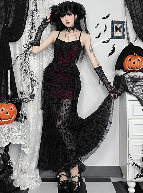 Sexy Black And Red Flocking Splicing Plant Mesh Fabric Gothic Style Suspender Sleeveless Dress