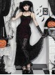 Sexy Black And Red Flocking Splicing Plant Mesh Fabric Gothic Style Suspender Sleeveless Dress