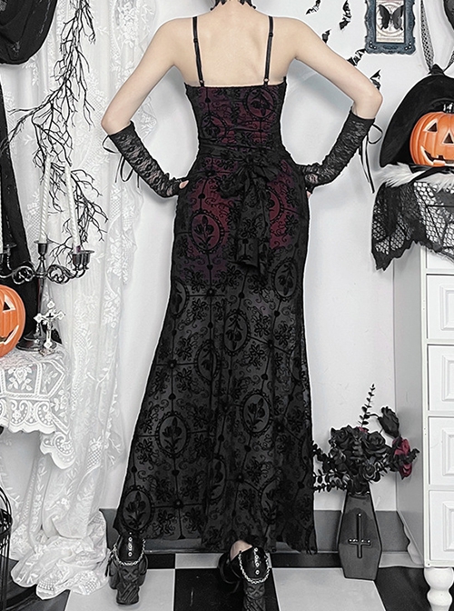 Sexy Black And Red Flocking Splicing Plant Mesh Fabric Gothic Style Suspender Sleeveless Dress