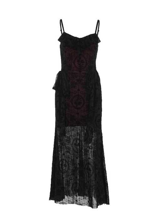 Sexy Black And Red Flocking Splicing Plant Mesh Fabric Gothic Style Suspender Sleeveless Dress