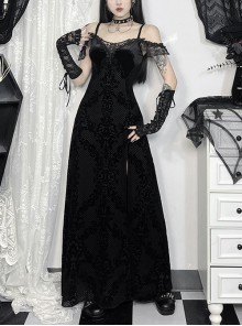 Black Sexy Flocked Fabric With Slit Hem Neckline Lace Trim Gothic Style Sleeveless Suspender Dress