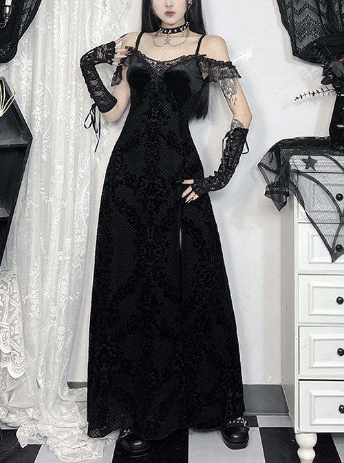 Black Sexy Flocked Fabric With Slit Hem Neckline Lace Trim Gothic Style Sleeveless Suspender Dress