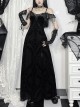 Black Sexy Flocked Fabric With Slit Hem Neckline Lace Trim Gothic Style Sleeveless Suspender Dress
