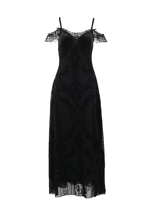 Black Sexy Flocked Fabric With Slit Hem Neckline Lace Trim Gothic Style Sleeveless Suspender Dress