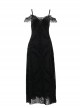Black Sexy Flocked Fabric With Slit Hem Neckline Lace Trim Gothic Style Sleeveless Suspender Dress