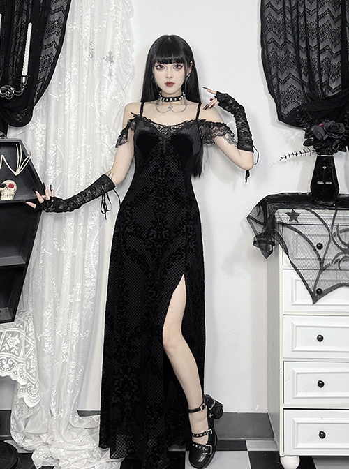 Black Sexy Flocked Fabric With Slit Hem Neckline Lace Trim Gothic Style Sleeveless Suspender Dress
