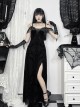 Black Sexy Flocked Fabric With Slit Hem Neckline Lace Trim Gothic Style Sleeveless Suspender Dress