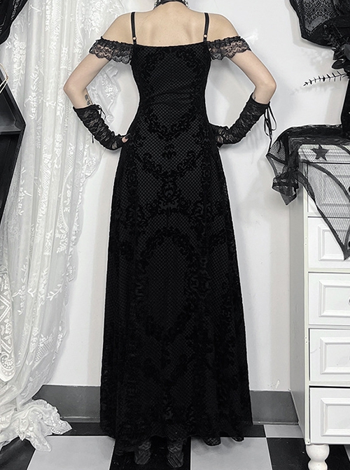 Black Sexy Flocked Fabric With Slit Hem Neckline Lace Trim Gothic Style Sleeveless Suspender Dress