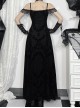 Black Sexy Flocked Fabric With Slit Hem Neckline Lace Trim Gothic Style Sleeveless Suspender Dress