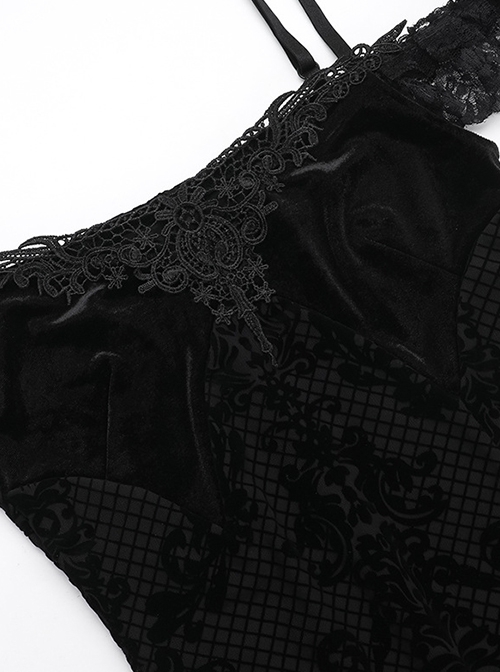 Black Sexy Flocked Fabric With Slit Hem Neckline Lace Trim Gothic Style Sleeveless Suspender Dress
