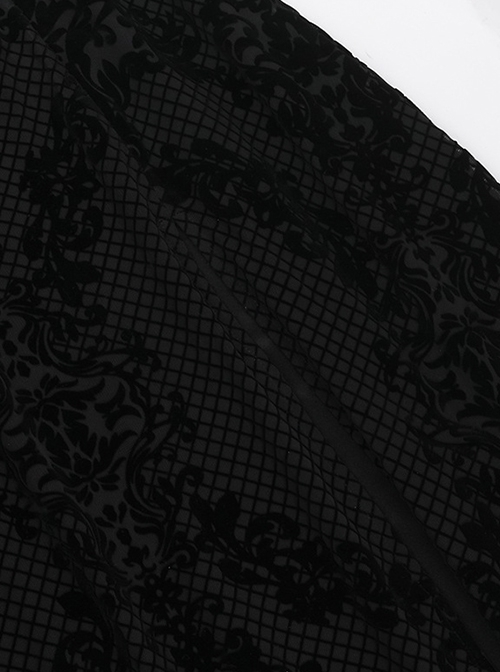 Black Sexy Flocked Fabric With Slit Hem Neckline Lace Trim Gothic Style Sleeveless Suspender Dress
