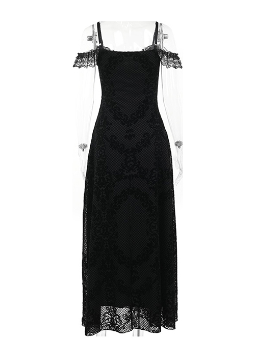 Black Sexy Flocked Fabric With Slit Hem Neckline Lace Trim Gothic Style Sleeveless Suspender Dress