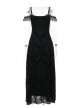 Black Sexy Flocked Fabric With Slit Hem Neckline Lace Trim Gothic Style Sleeveless Suspender Dress