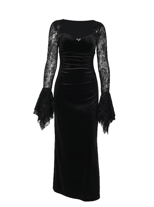Elegant Black Velvet Stitching Micro Transparent Flocking Long Sleeved Front Chest Bat Pendant Decoration Gothic Style Retro Dress