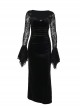 Elegant Black Velvet Stitching Micro Transparent Flocking Long Sleeved Front Chest Bat Pendant Decoration Gothic Style Retro Dress