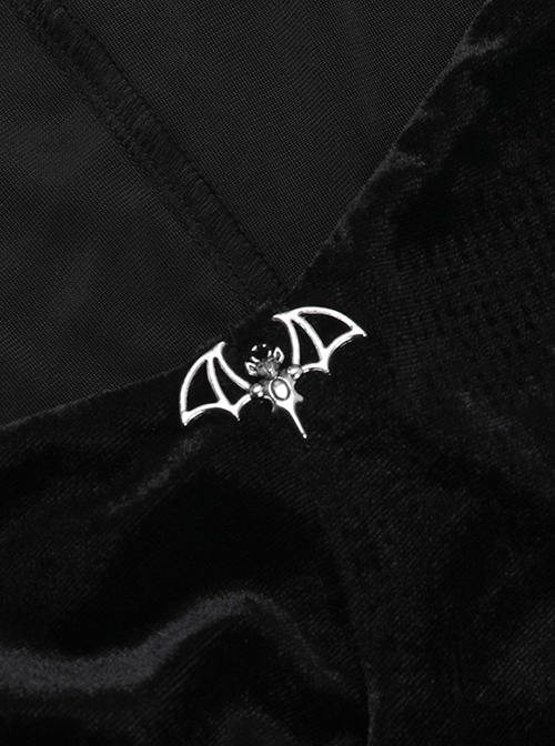 Elegant Black Velvet Stitching Micro Transparent Flocking Long Sleeved Front Chest Bat Pendant Decoration Gothic Style Retro Dress