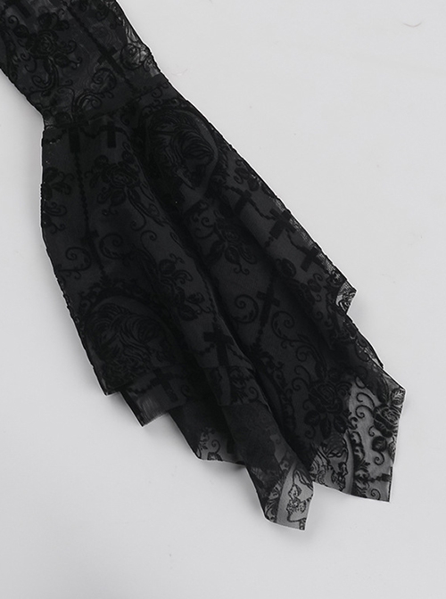 Elegant Black Velvet Stitching Micro Transparent Flocking Long Sleeved Front Chest Bat Pendant Decoration Gothic Style Retro Dress