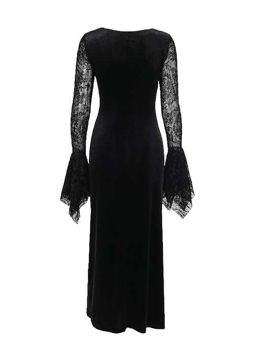 Elegant Black Velvet Stitching Micro Transparent Flocking Long Sleeved Front Chest Bat Pendant Decoration Gothic Style Retro Dress
