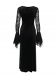Elegant Black Velvet Stitching Micro Transparent Flocking Long Sleeved Front Chest Bat Pendant Decoration Gothic Style Retro Dress