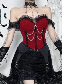 Red Elegant Glitter One Shoulder With Lace Lace Front Chain Decoration Gothic Style Sleeveless Vest