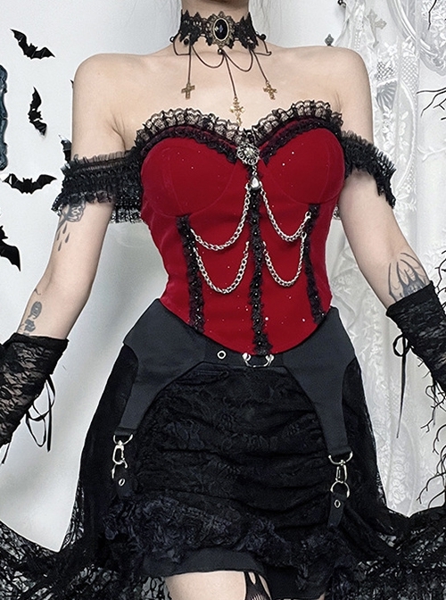 Red Elegant Glitter One Shoulder With Lace Lace Front Chain Decoration Gothic Style Sleeveless Vest