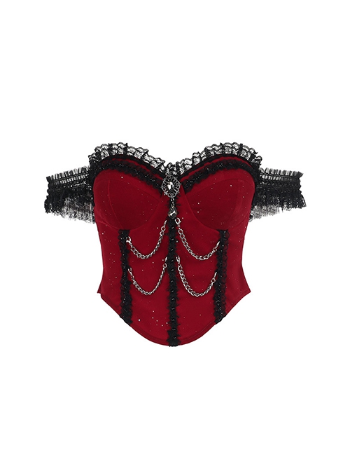 Red Elegant Glitter One Shoulder With Lace Lace Front Chain Decoration Gothic Style Sleeveless Vest