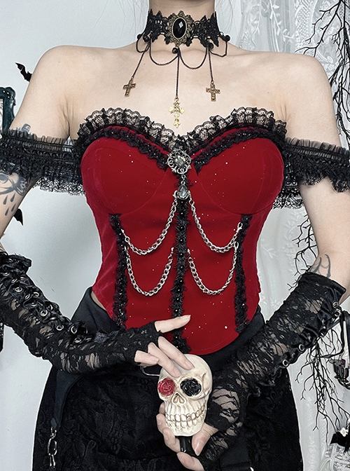 Red Elegant Glitter One Shoulder With Lace Lace Front Chain Decoration Gothic Style Sleeveless Vest