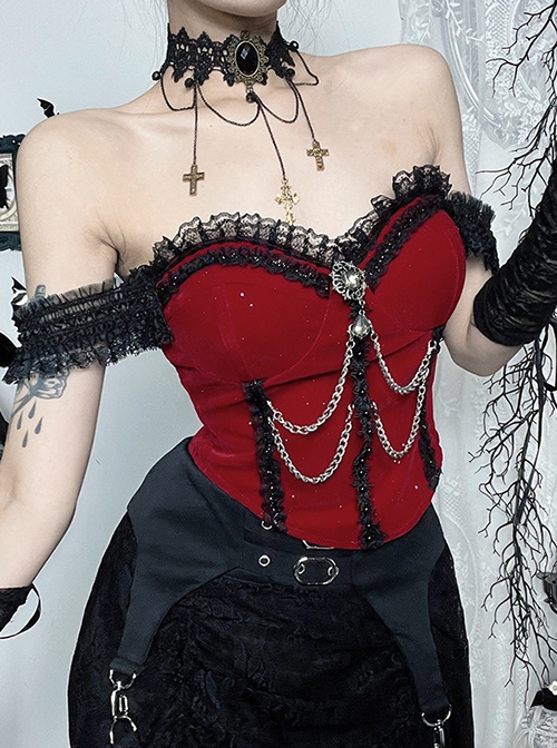 Red Elegant Glitter One Shoulder With Lace Lace Front Chain Decoration Gothic Style Sleeveless Vest
