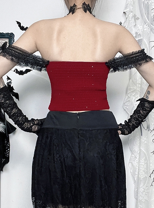 Red Elegant Glitter One Shoulder With Lace Lace Front Chain Decoration Gothic Style Sleeveless Vest