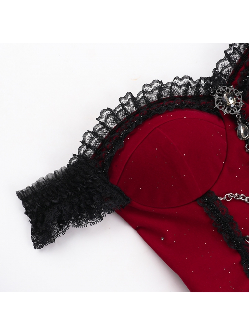 Red Elegant Glitter One Shoulder With Lace Lace Front Chain Decoration Gothic Style Sleeveless Vest