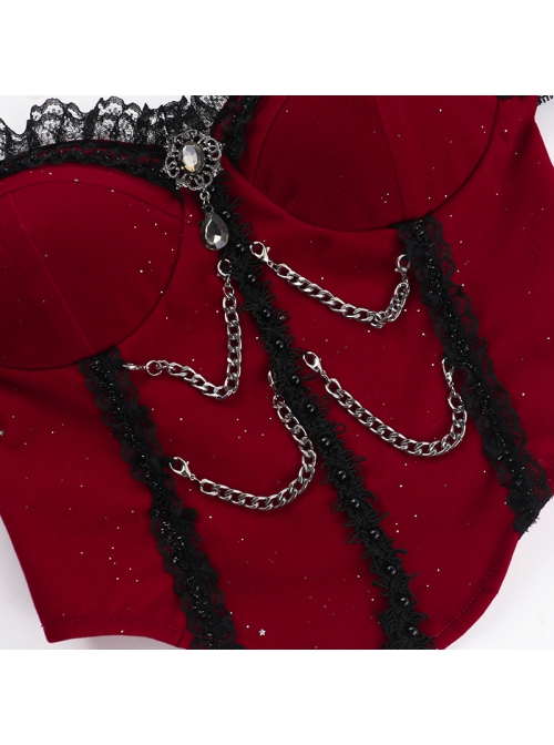 Red Elegant Glitter One Shoulder With Lace Lace Front Chain Decoration Gothic Style Sleeveless Vest
