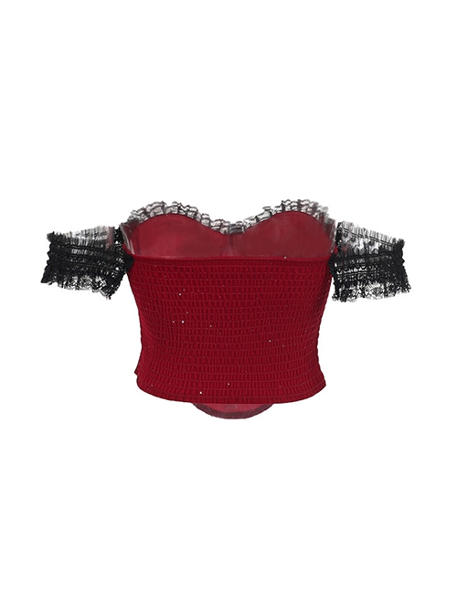 Red Elegant Glitter One Shoulder With Lace Lace Front Chain Decoration Gothic Style Sleeveless Vest