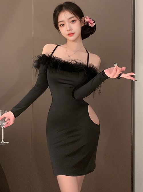 Romantic Lazy Style Off-Shoulder Plush Collar Black Backless Both Sides Hollow Exposed Buttocks Tight Nightdress Sexy Lingerie Set