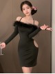 Romantic Lazy Style Off-Shoulder Plush Collar Black Backless Both Sides Hollow Exposed Buttocks Tight Nightdress Sexy Lingerie Set