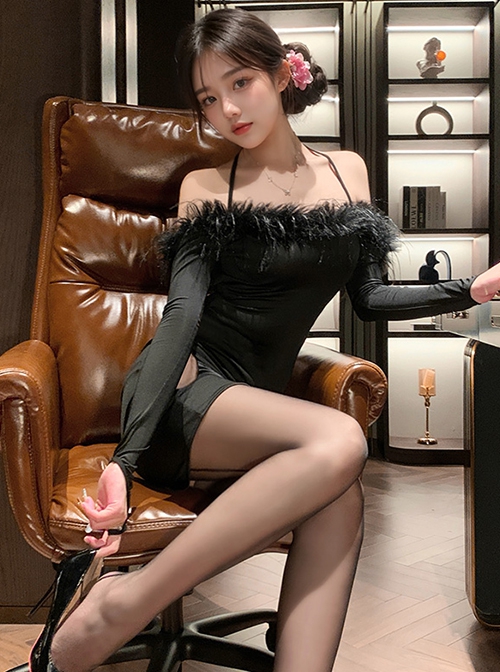 Romantic Lazy Style Off-Shoulder Plush Collar Black Backless Both Sides Hollow Exposed Buttocks Tight Nightdress Sexy Lingerie Set