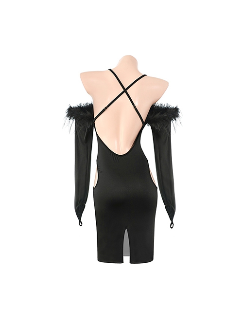 Romantic Lazy Style Off-Shoulder Plush Collar Black Backless Both Sides Hollow Exposed Buttocks Tight Nightdress Sexy Lingerie Set