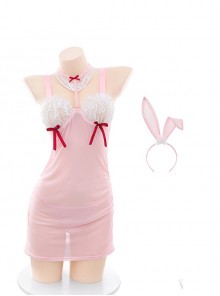 White See-Through Lace Exposed Chest With Underwire Pink Tulle Sweet Bunny Girl Backless Maid Outfit Sexy Lingerie Set