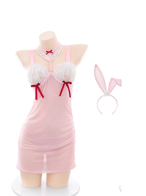 White See-Through Lace Exposed Chest With Underwire Pink Tulle Sweet Bunny Girl Backless Maid Outfit Sexy Lingerie Set
