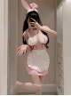 White See-Through Lace Exposed Chest With Underwire Pink Tulle Sweet Bunny Girl Backless Maid Outfit Sexy Lingerie Set