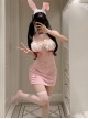 White See-Through Lace Exposed Chest With Underwire Pink Tulle Sweet Bunny Girl Backless Maid Outfit Sexy Lingerie Set