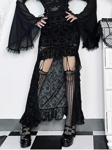 Black Sexy Slightly Transparent Jacquard Fabric With Irregular Hem Gothic Style Skirt