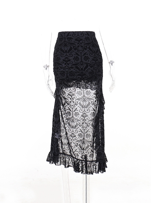Black Sexy Slightly Transparent Jacquard Fabric With Irregular Hem Gothic Style Skirt