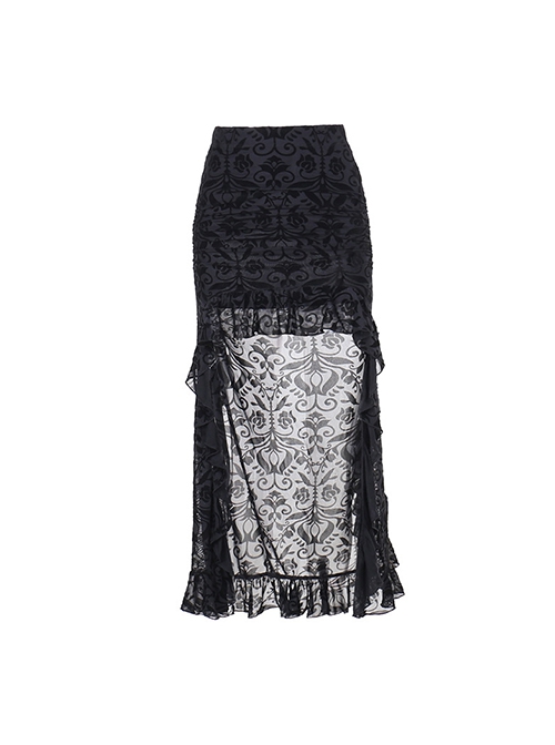 Black Sexy Slightly Transparent Jacquard Fabric With Irregular Hem Gothic Style Skirt