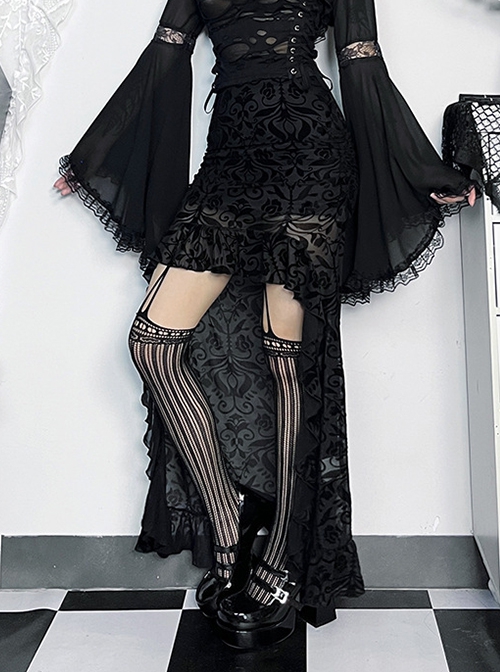 Black Sexy Slightly Transparent Jacquard Fabric With Irregular Hem Gothic Style Skirt