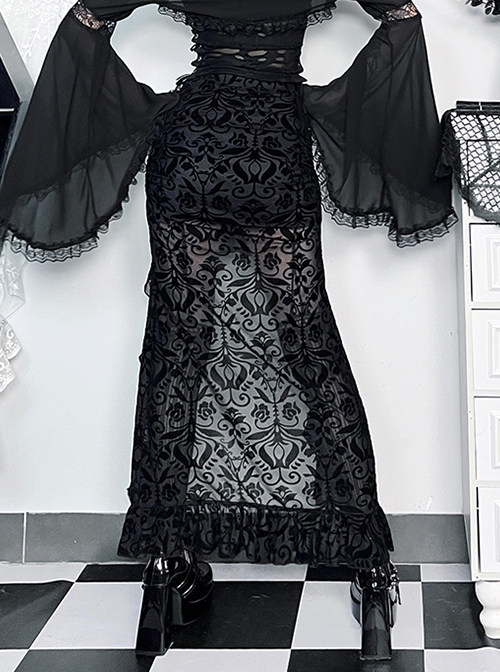 Black Sexy Slightly Transparent Jacquard Fabric With Irregular Hem Gothic Style Skirt