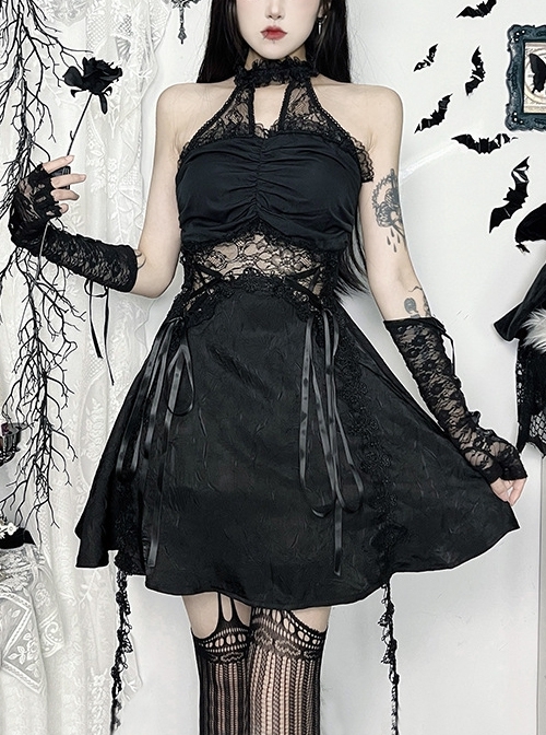 Halloween Elegant Black Lace Splicing Woven Waist Tie Decoration Gothic Style Sleeveless Dress