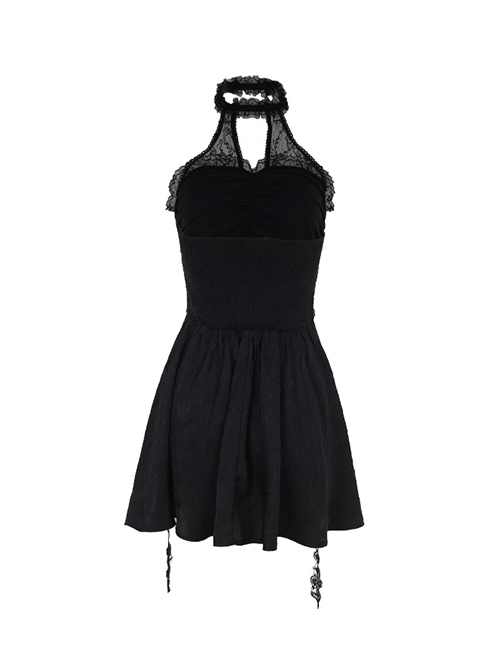 Halloween Elegant Black Lace Splicing Woven Waist Tie Decoration Gothic Style Sleeveless Dress
